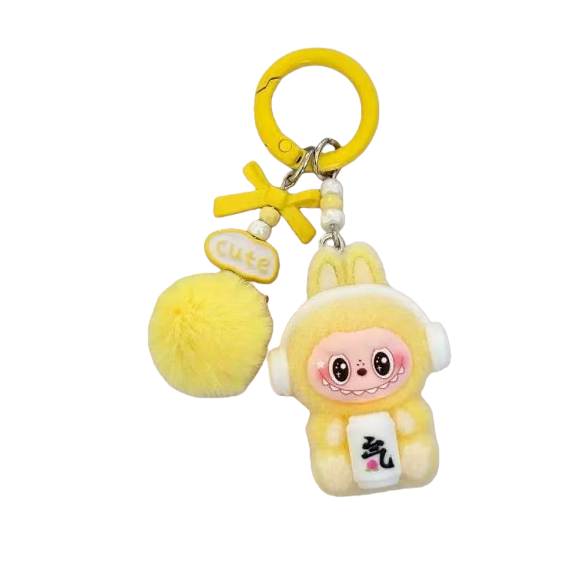 New Flocked Keychain Plush Pendant Labubu Headphone Figure Creative Hanging Ornament