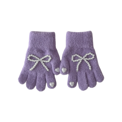 Winter Kids Gloves New Solid Color Bow and Pearl Decor Knitted Five-Finger Gloves for Girls