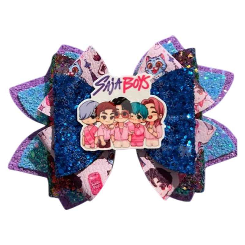 Kids K-Pop Demon Hunter Glitter Bow Hair Clips, Cute Cartoon Character Barrettes