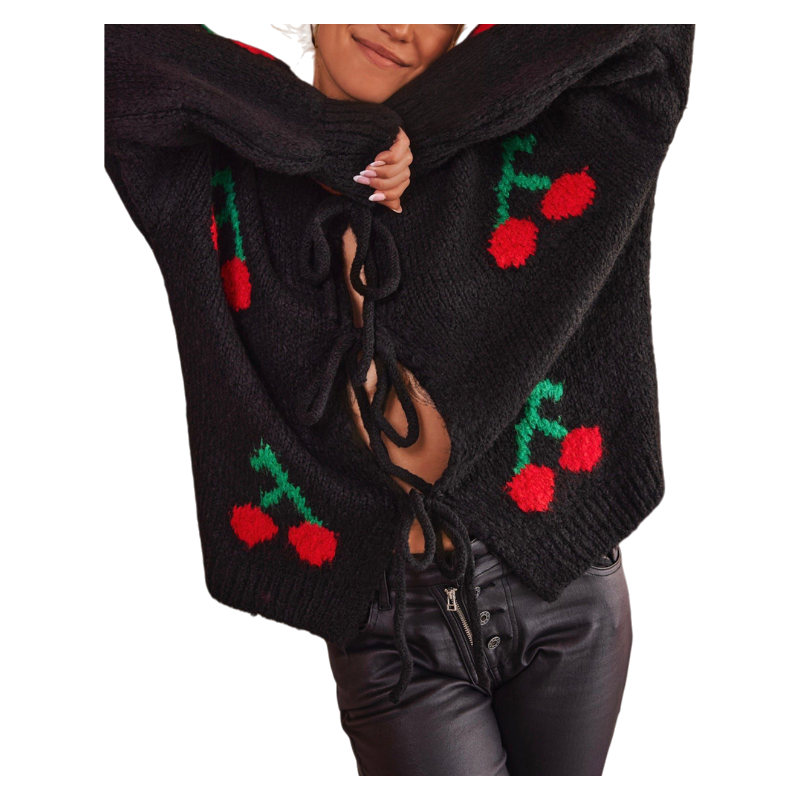 2026 Spring Cherry Embroidered Jacquard Knit Cardigan with Tie Front for Women