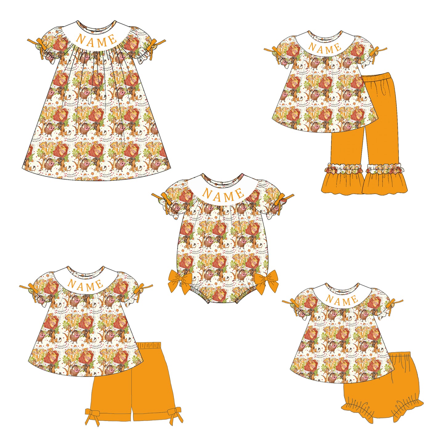 Girls Smocked Embroidery Outfit Set – Personalized Name Cartoon Lion Collection Dress, Romper & Matching Sets