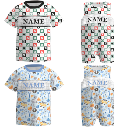 Boys Spring Summer Plaid Custom Name Smock Embroidery Top & Romper