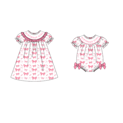 Spring Pink Bow BIRTHDAY GIRL Smock Embroidery Girls Dress & Romper