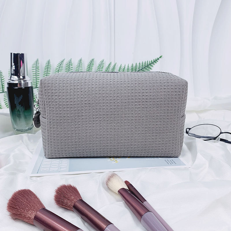 Waffle Fabric Solid Color Makeup Pouch Travel Toiletry Bag