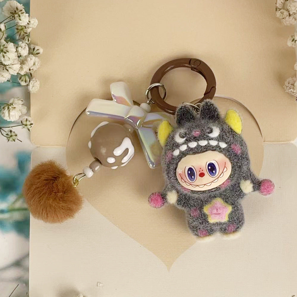 Flocked Labubu Key chain Pom-pom Backpack Charm Trendy Merchandise