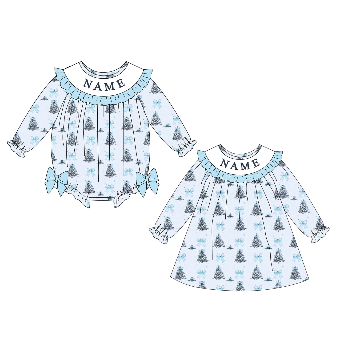 Girls Custom Name Embroidery Smock Christmas Tree Dress & Bubble