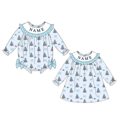 Girls Custom Name Embroidery Smock Christmas Tree Dress & Bubble