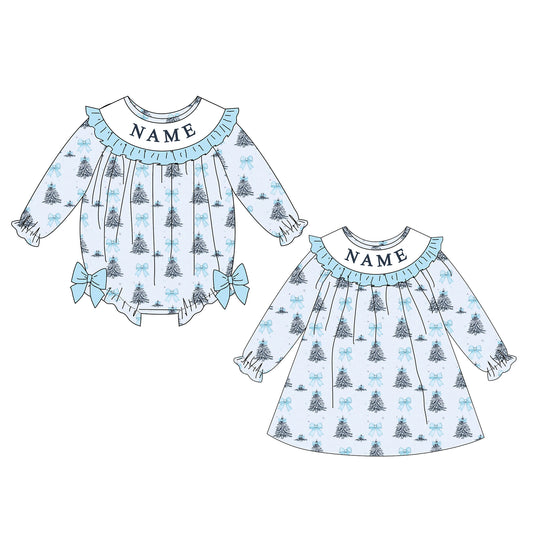 Girls Custom Name Embroidery Smock Christmas Tree Dress & Bubble