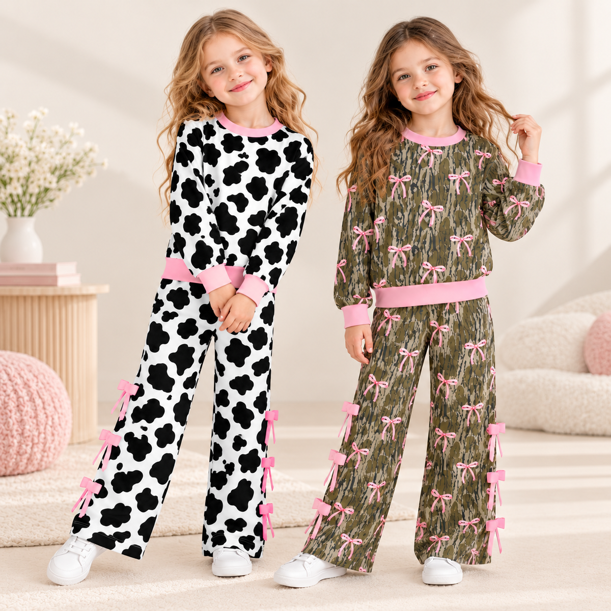 Girls Fall Winter Long Sleeve Wide Leg Pants Set – Cow Print, Leopard, Pink Bow & Faith Graphic Two-Piece Outfit