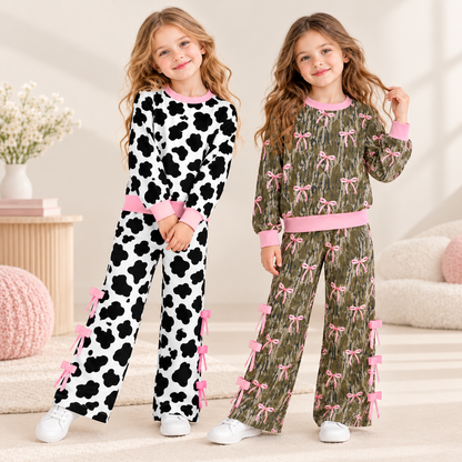 Girls Fall Winter Long Sleeve Wide Leg Pants Set – Cow Print, Leopard, Pink Bow & Faith Graphic Two-Piece Outfit