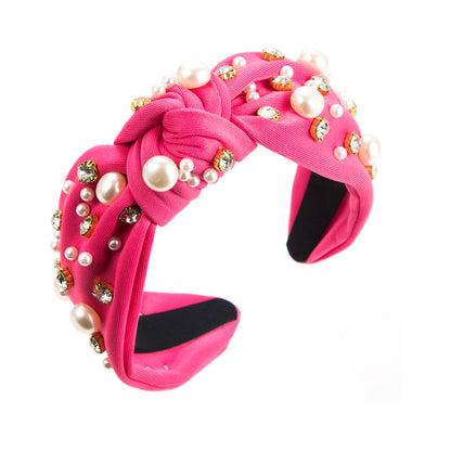 Wide Knotted Headband with Pearls & Rhinestones Padded Fashion Hair Band for Women & Girls