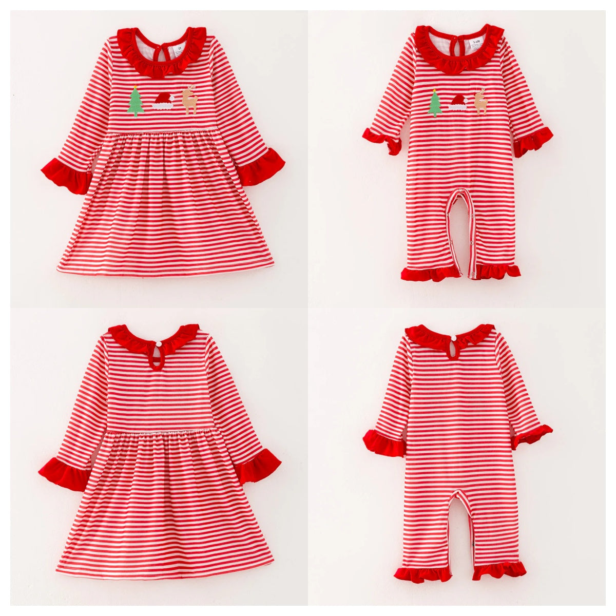 Girls Christmas Reindeer Santa Embroidery Red Stripes Dress Romper