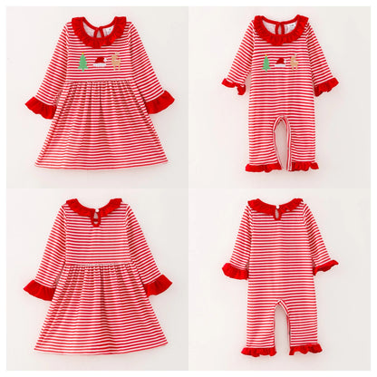 Girls Christmas Reindeer Santa Embroidery Red Stripes Dress Romper