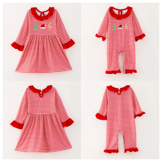 Girls Christmas Reindeer Santa Embroidery Red Stripes Dress Romper
