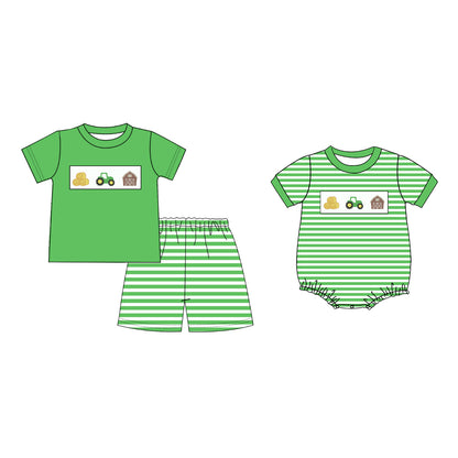 Boys Brother Summer Farm Embroidery Green Stripes Outfits