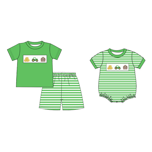 Boys Brother Summer Farm Embroidery Green Stripes Outfits