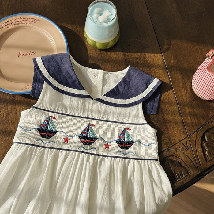 Girls Sailboat Embroidered Smocked Cotton Sleeveless Dress with Peter Pan Collar