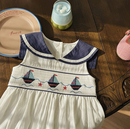 Girls Sailboat Embroidered Smocked Cotton Sleeveless Dress with Peter Pan Collar