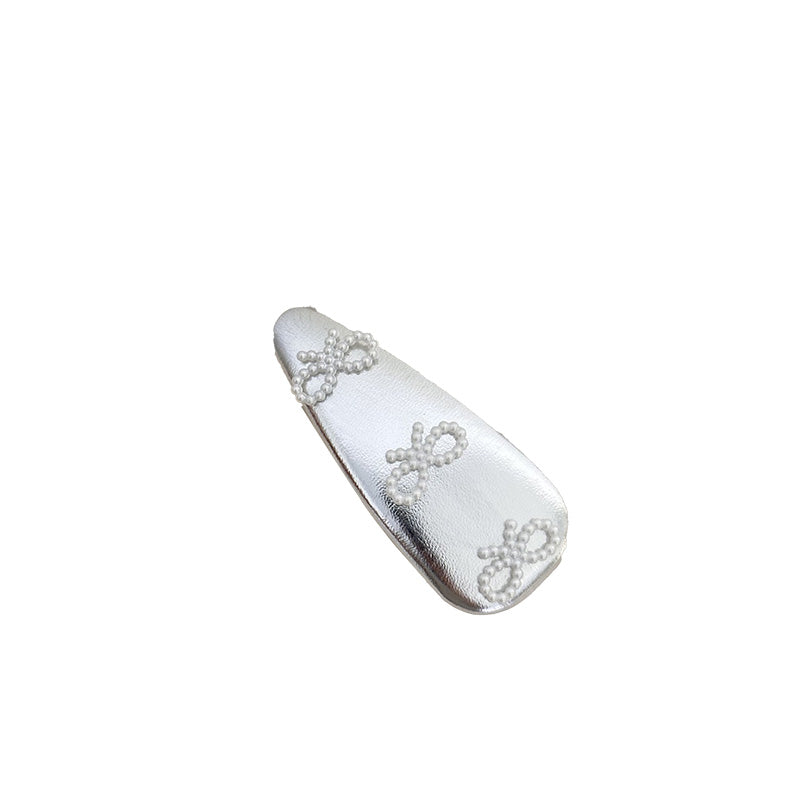 Cute Fake Pearl Bow Leather Hair Clips Side Barrettes