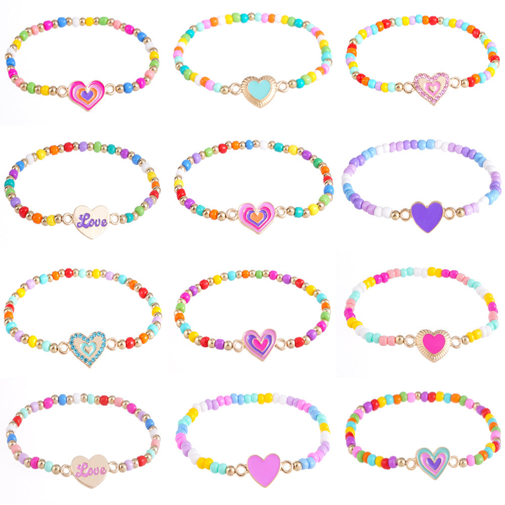 Valentine’s Day Beaded Bracelet Set for Girls – Colorful Cartoon Heart Charms
