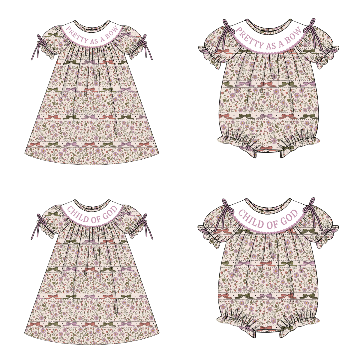 Girls Fall Autumn Embroidery Smocked Bow Floral Dress & Bubble