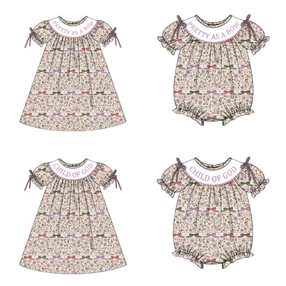 Girls Fall Autumn Embroidery Smocked Bow Floral Dress & Bubble