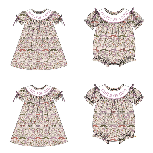 Girls Fall Autumn Embroidery Smocked Bow Floral Dress & Bubble