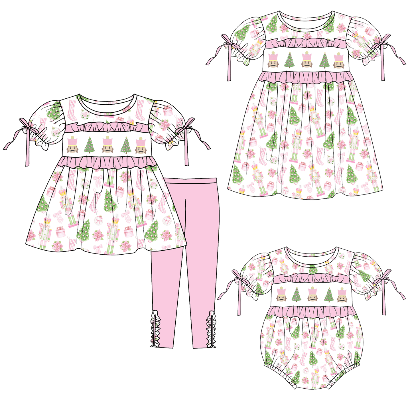 Pink Christmas Tree Smocked Embroidery Girls Holiday Outfits