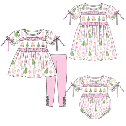 Pink Christmas Tree Smocked Embroidery Girls Holiday Outfits