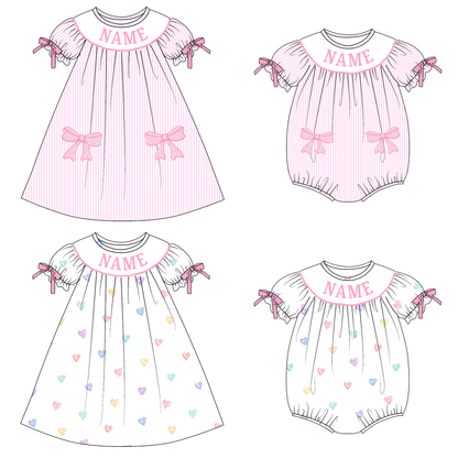 Valentine's Day Heart Bow Custom Name Smock Embroidery Collection