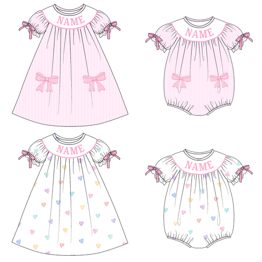 Valentine's Day Heart Bow Custom Name Smock Embroidery Collection