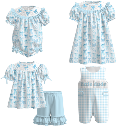 2026 Spring Summer Blue Bow Smock Embroidery Kids Outfits Collection