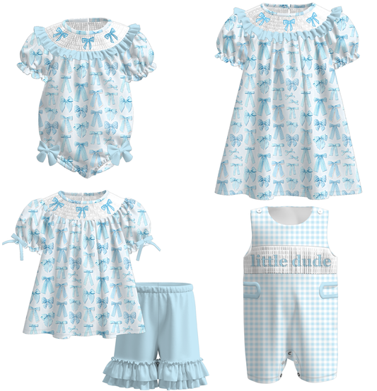 2026 Spring Summer Blue Bow Smock Embroidery Kids Outfits Collection