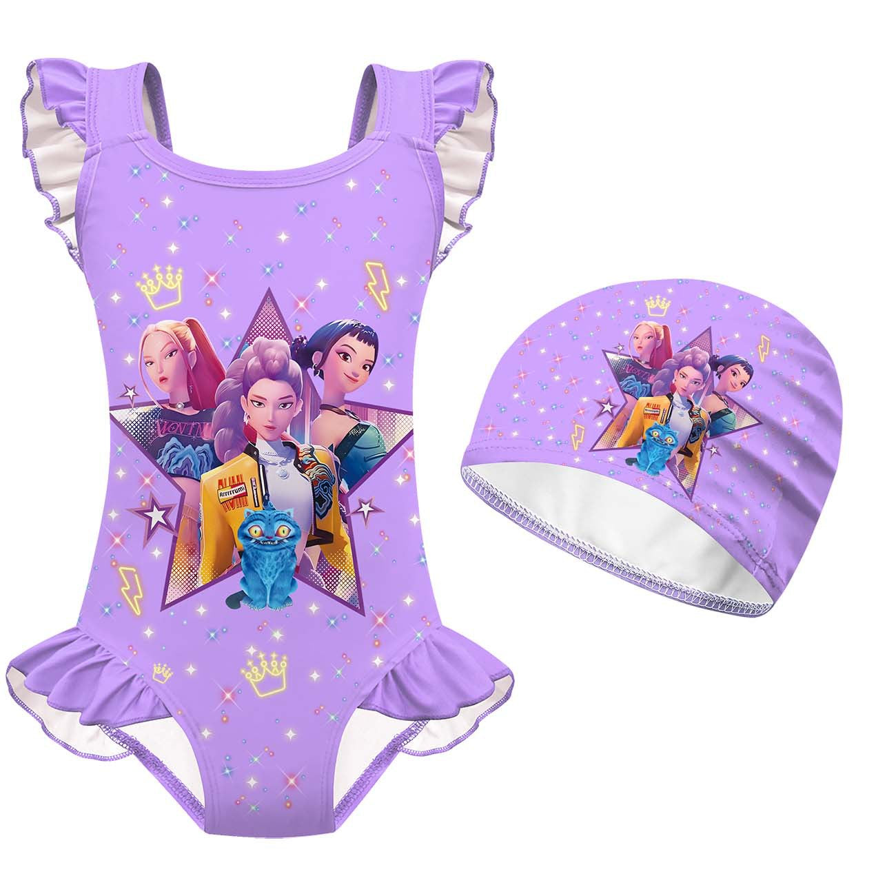 K-pop Demon Hunter Print Girls One-Piece Swimsuit Ruffles Swimwear