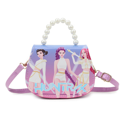 K-POP Demon Hunters Anime Print Kids Crossbody Bag with Pearl Handle & PU Strap