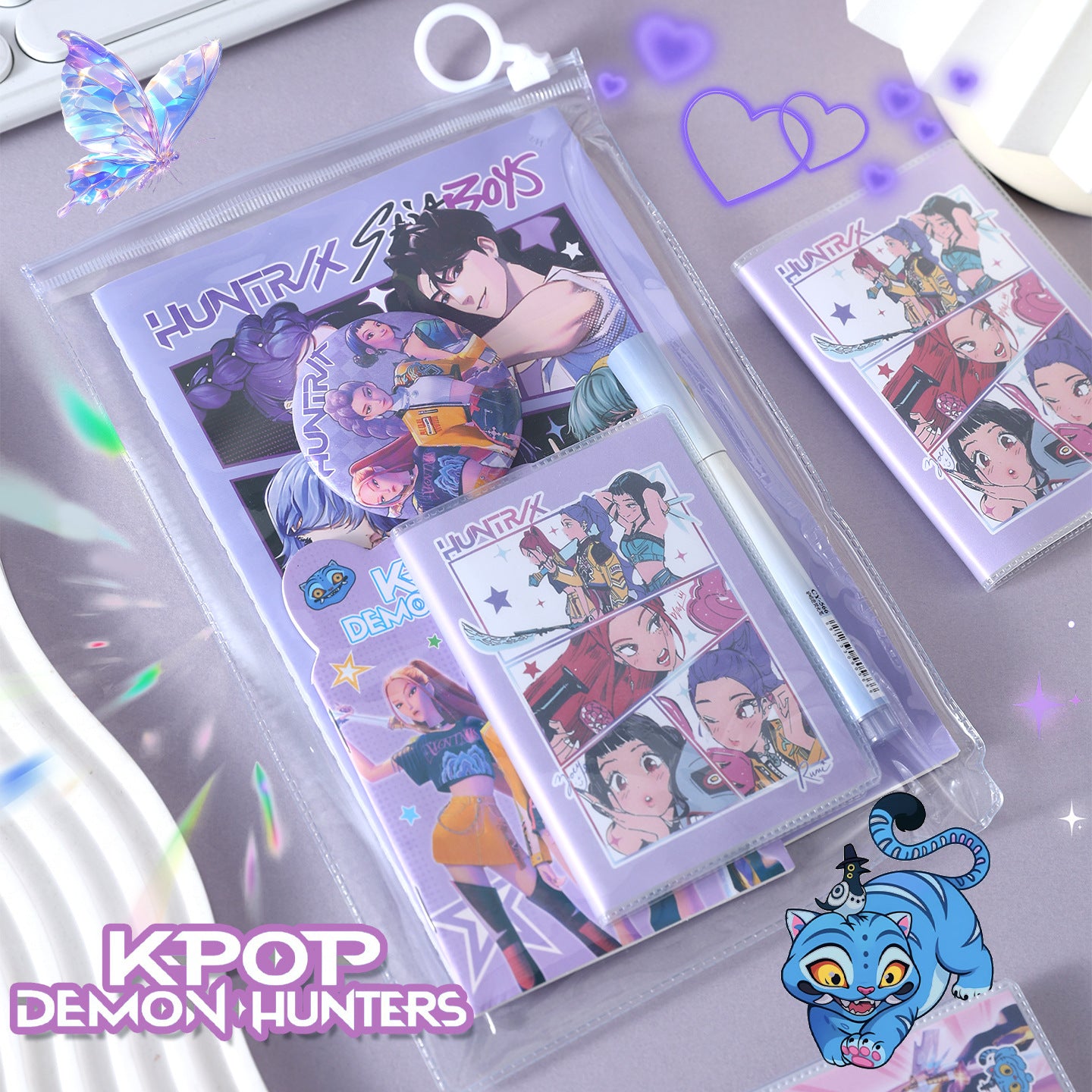 K-POP Demon Hunter Girl Group Stationery Set Notebook, Click Pen, Highlighter & Zipper Pouch for School or Office