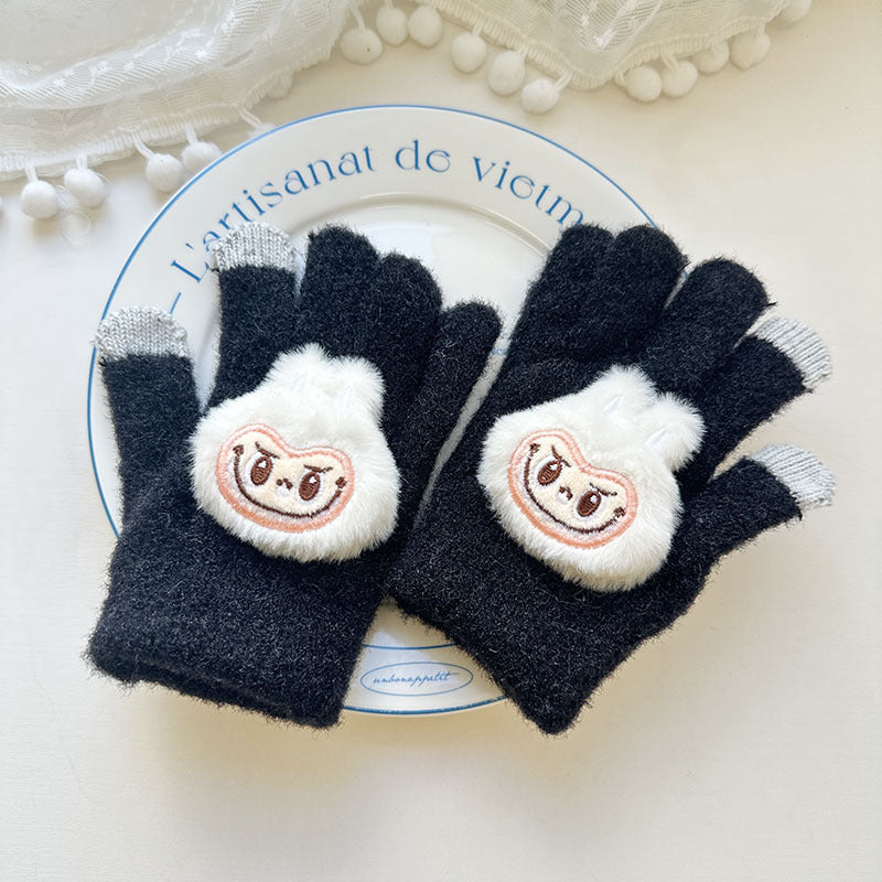 Winter Knit Gloves with Plush Doll Decoration Warm Fuzzy Finger Gloves for Parent Child Matching