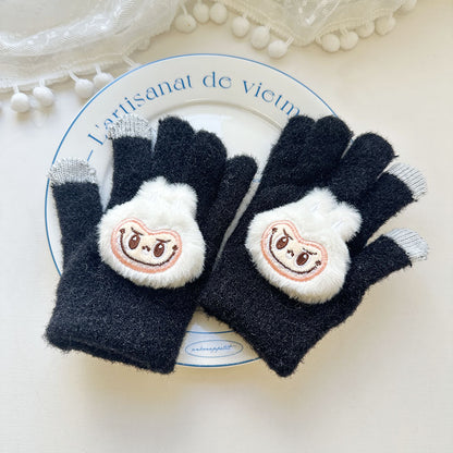 Winter Knit Gloves with Plush Doll Decoration Warm Fuzzy Finger Gloves for Parent Child Matching