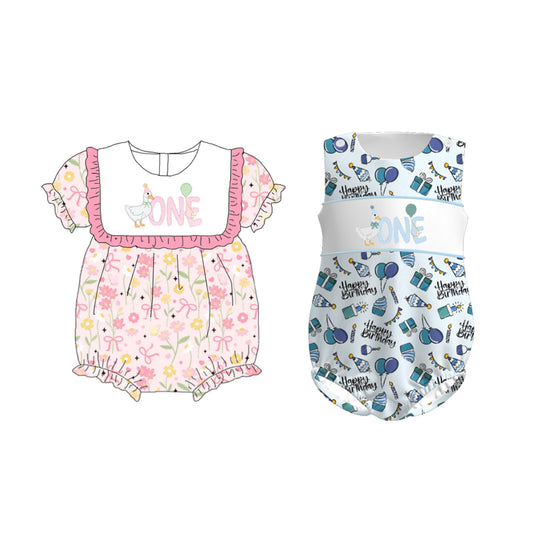 Baby Girls/Boys Silly Goose "One" Embroidered Bubbles Romper