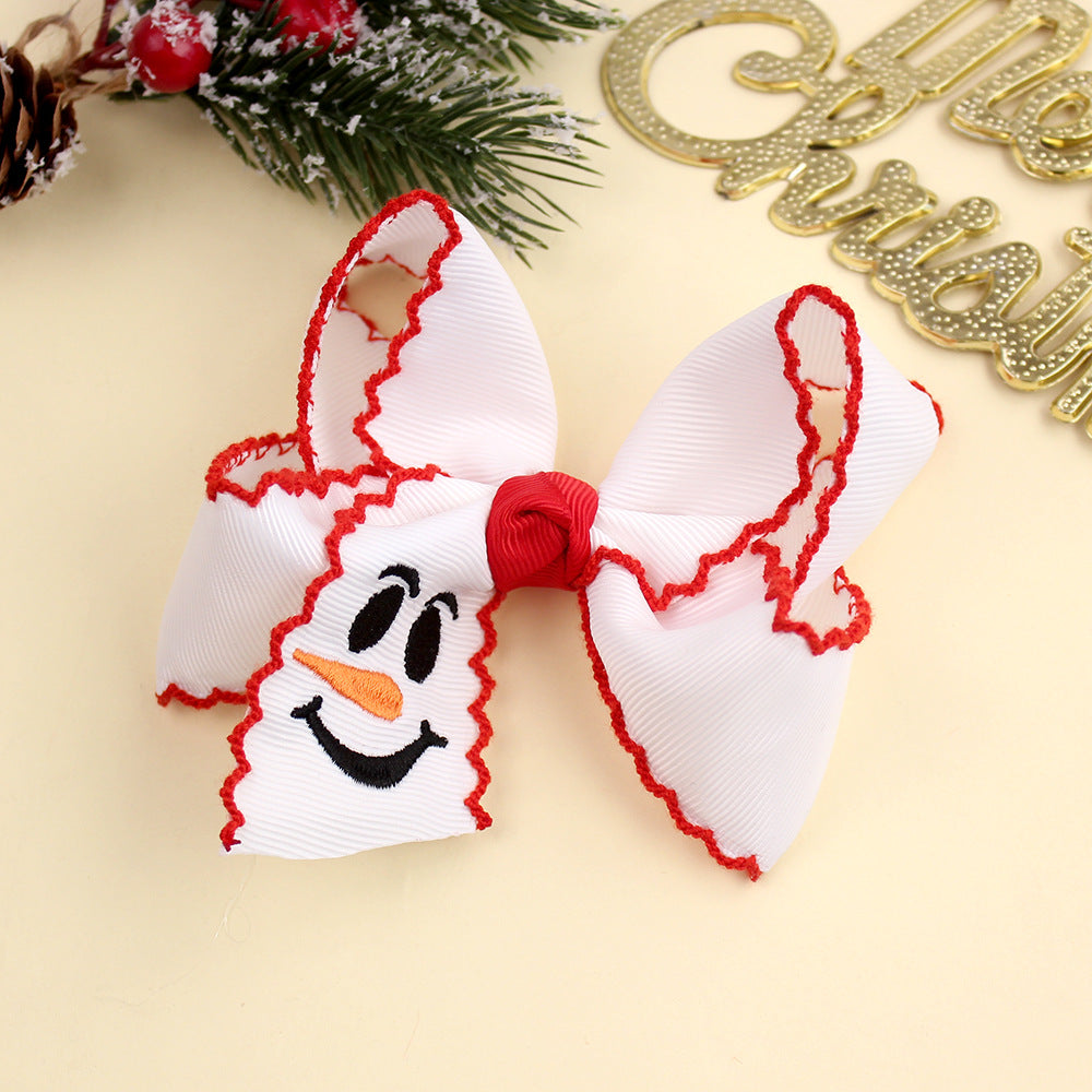 Girls Christmas Embroidered Hair Bow Clips with Scalloped Edges – Festive Grosgrain Ribbon Bows, Pack of 10