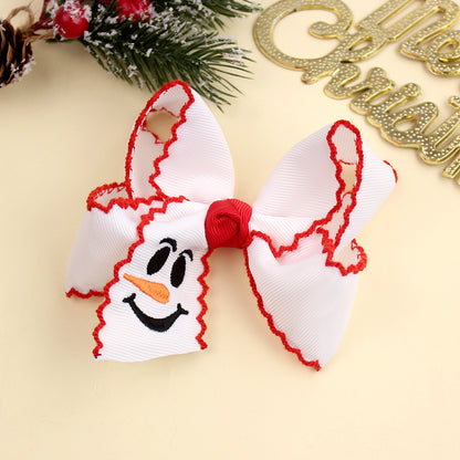 Girls Christmas Embroidered Hair Bow Clips with Scalloped Edges – Festive Grosgrain Ribbon Bows, Pack of 10