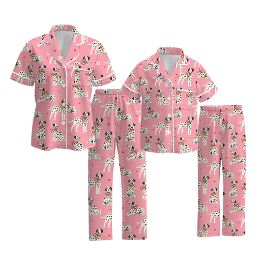Mommy And Me Fall Dog Print Pink Pajamas Set