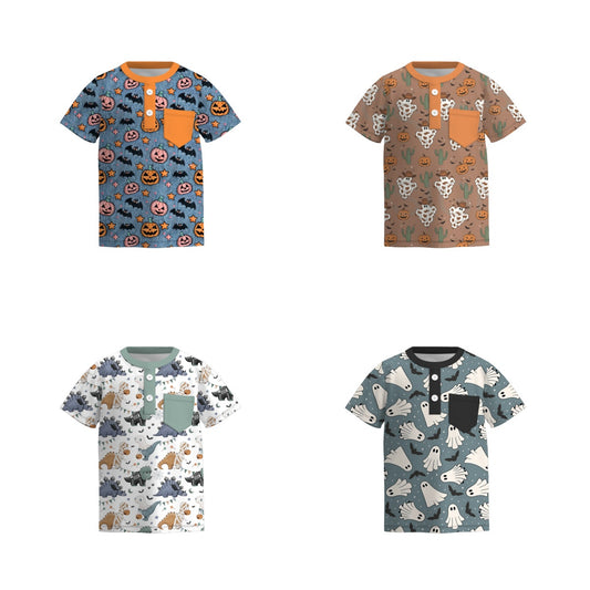 Boys Halloween Fall Pumpkin Ghost Dinosour Pocket Polo Shirt