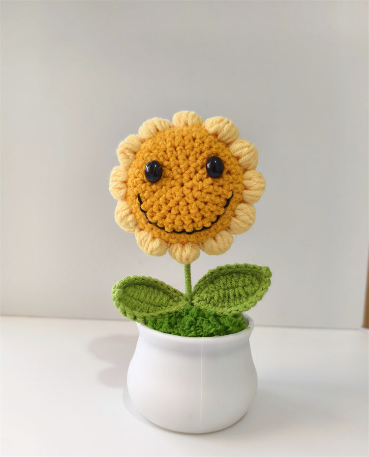Handmade Knitted Flower Pot – Yarn Sunflower, Carnation & Tulip Desk Decor