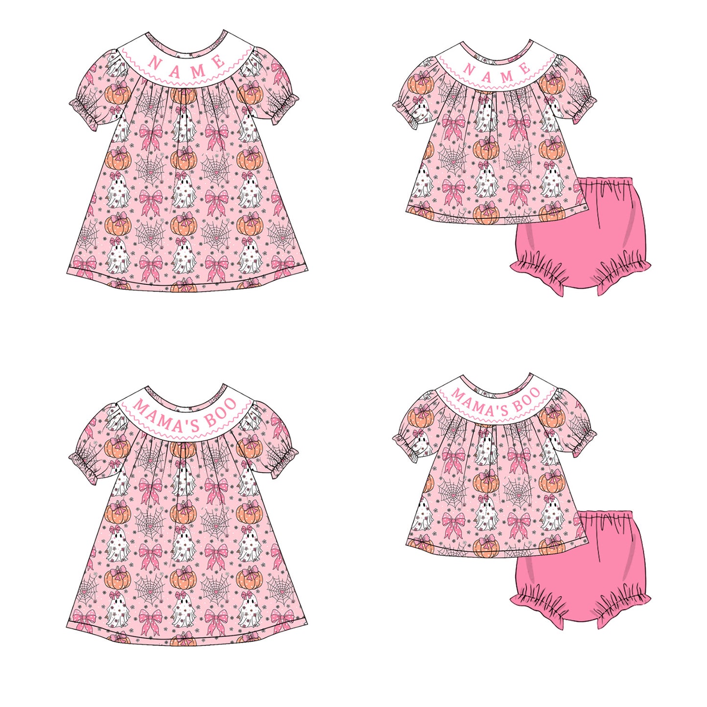Girls Halloween MAMA'S BOO Smocked Embroidery Custom Name Dress & Baby Set