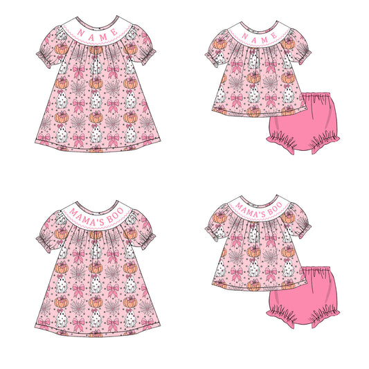 Girls Halloween MAMA'S BOO Smocked Embroidery Custom Name Dress & Baby Set