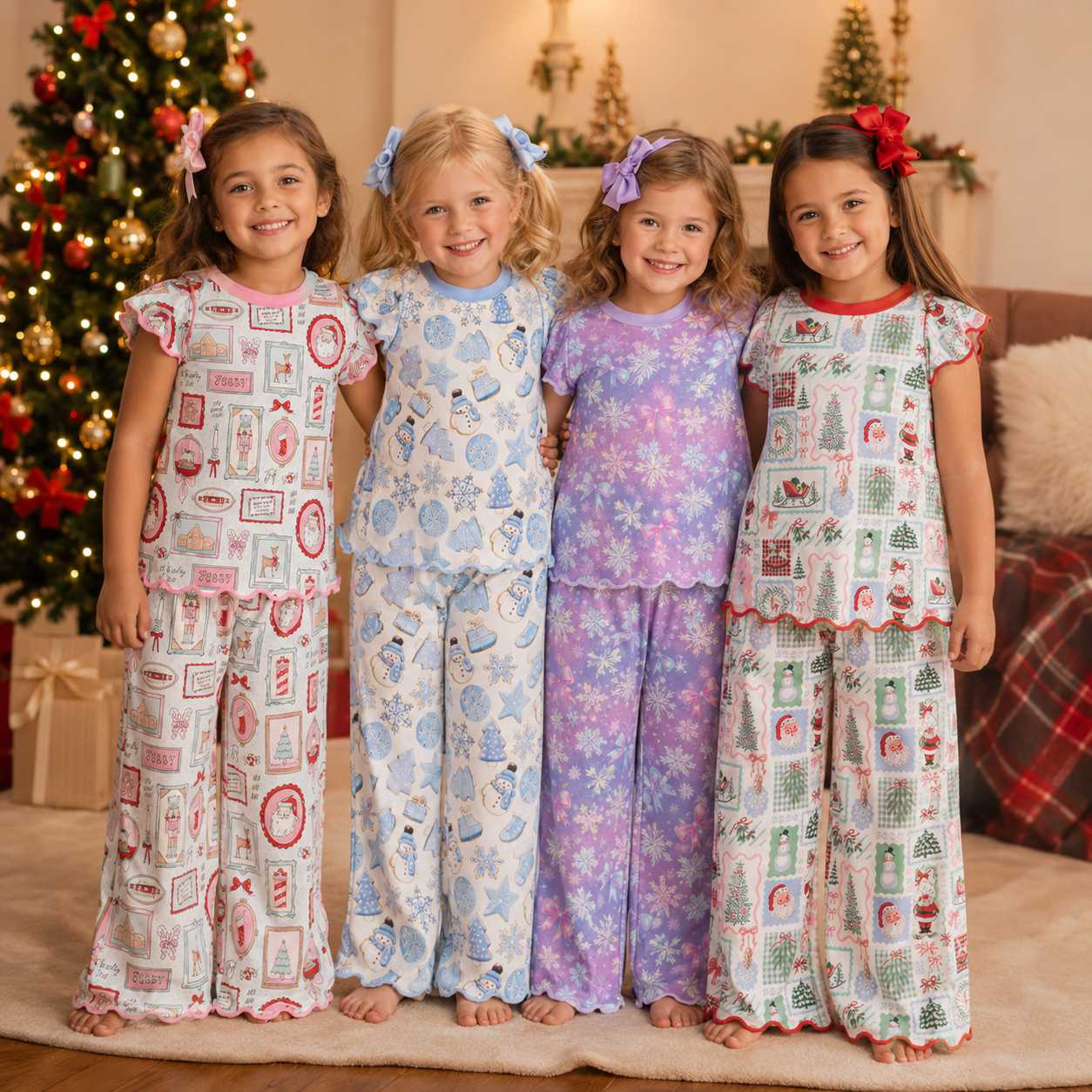 Christmas Girls Scallop Pajama Set – Festive Holiday Print Short Sleeve Top & Leg Pants