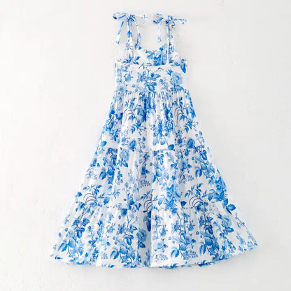 Women Summer Blue Floral Print Milk Silk Soft Dress