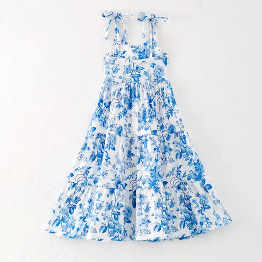 Women Summer Blue Floral Print Milk Silk Soft Dress