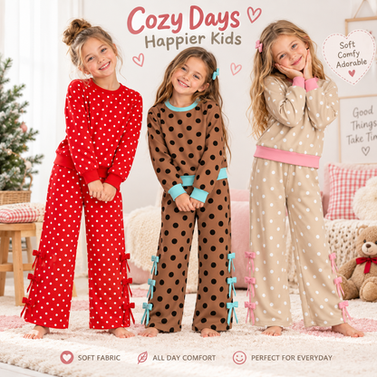 Girls Polka Dot Bow Pants Set – Long Sleeve Top & Wide Leg Pants Outfit